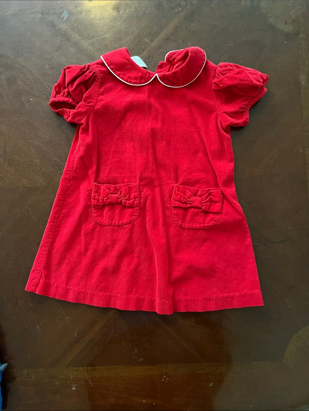 Girls' Red Peter Pan Collar Dress with Bow Pockets